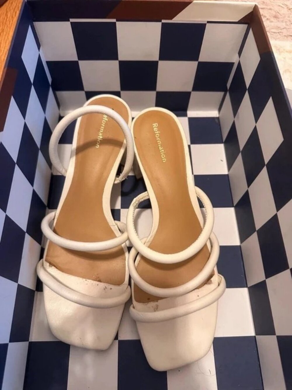 Reformation White Strappy Block Heel Sandals